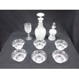 A SET OF SIX WEBB GLASS DISHES, A CUT GLASS DECANTER