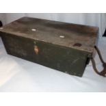 A WOODEN GREEN-PAINTED AMMUNITION BOX