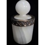 A SILVER-MOUNTED ALABASTER POT AND COVER