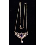 A 9CT GOLD AMETHYST AND SEED PEARL PENDANT NECKLACE