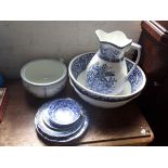 A VICTORIAN BLUE AND WHITE JUG WITH SIMILAR BOWL