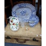 AN ADAMS BLUE AND WHITE MEAT PLATE, JUG