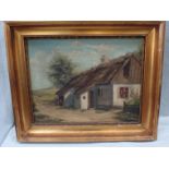 A COUNTRY COTTAGE, OIL ON CANVAS, INDISTINCTLY SIGNED