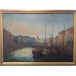 A CONTINENTAL CITY HARBOUR, WITH MOORED BOATS, OIL ON CANVAS