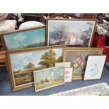 A LARGE OIL PAINTING OF A COUNTRY SCENE AND A COLLECTION OF PICTURES