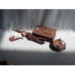 A CARVED WOOD 'BLACK FOREST' STYLE NUTCRACKER (WORMY) A MATCHAM & SON FISHING REEL