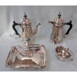A SILVER-PLATED COFFEE POT, MATCHING TEAPOT
