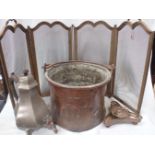 A COPPER BUCKET OR CAULDRON, WITH IRON HANDLE