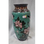 A CLOISONNE VASE WITH BIRD AND BUTTERFLIES AMONGST FLOWERS