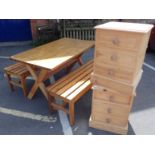 A PINE 'X' FRAMED TABLE, TWO PINE BENCHES