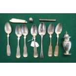 A SILVER PEPPER POT, A COLLECTION OF SILVER TEASPOONS