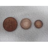 VICTORIA 1891 SHILLING, FOURPENCE 1897, AND PENNY 1898