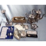 A SILVER SPOON CASED AND OTHER PLATED ITEMS