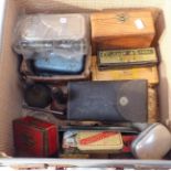 A VINTAGE DESK BELL, OLD TINS, ENGINEERING ITEMS