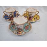 THREE DRESDEN CUPS AND SAUCERS