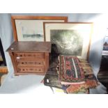 A MINATURE OAK CHEST OF DRAWS, TEXTILES AND TWO PICTURES