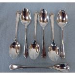 A SET OF SIX SILVER TEASPOONS AND A PLATED MUSTARD SPOON