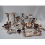 A SLIVER RIMMED GLASS VASE AND OTHER PLATED ITEMS