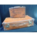 A VINTAGE LEATHER SUTCASE 67 cm WIDE, AND ANOTHER SMALLER