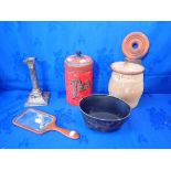 A WOODEN SALT BOX, TIN TEA CANISTER AND OTHER ITEMS