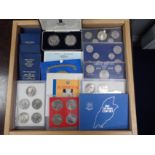 A COLLECTION OF VARIOUS CROWN SETS AND MIXED COINS,