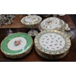 SIX GEORGE JONES DESSERT PLATES WITH GREEN BORDERS AND PAINTED FLOWERS