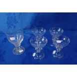 FOUR VENETIAN CHAMPAGNE GLASSES, A VICTORIAN GLASS RUMMER