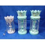 A PAIR OF VICTORIAN OPALINE GLASS LUSTRES