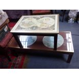 A HARDWOOD FRAMED MAP-TOPPED COFFEE TABLE