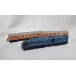 DINKY TOYS: A 'MALLARD' LOCOMOTIVE, AND TWO CARRIAGES