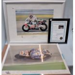 A FRAMED WATERCOLOUR PRINT 'GOING FOR DOUBLE' SIGNED BY COLIN EDWARDS AND ANOTHER SIMLIAR