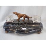 MARBLE DESK STAND MOUNTED WITH A BRONZE RED SETTER