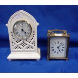 A CARRIAGE CLOCK AND A CERAMIC CASED MANTEL CLOCK