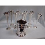 NINE PLATED CHAMPAGNE FLUTES AND A PLATED BOTTLE HOLDER