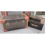 A LEATHER AND COMPOSITION TRUNK AND TWO DEED BOXES