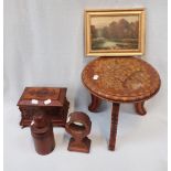 A CARVED WOODEN STOOL WITH OTHER SIMILAR ITEMS