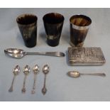 FOUR DECORATED SILVER TEASPOONS AND OTHER SILVER