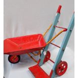 A VINTAGE TOY SACK BARROW, PAINTED BLUE AND RED