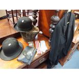 TWO BOWLER HATS AND A METAL HAT BOX