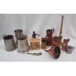 THREE PEWTER TANKARDS AND OTHER METALWARE