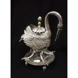 A WHITE METAL EXOTIC BIRD CENTRE-PIECE WITH JEWELLED EYES