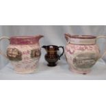 TWO SUNDERLAND LUSTRE JUGS, WITH TRANSFER SCENES