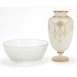 Art Deco frosted glass three footed bowl and a 19th century vase enamelled with swags, the largest