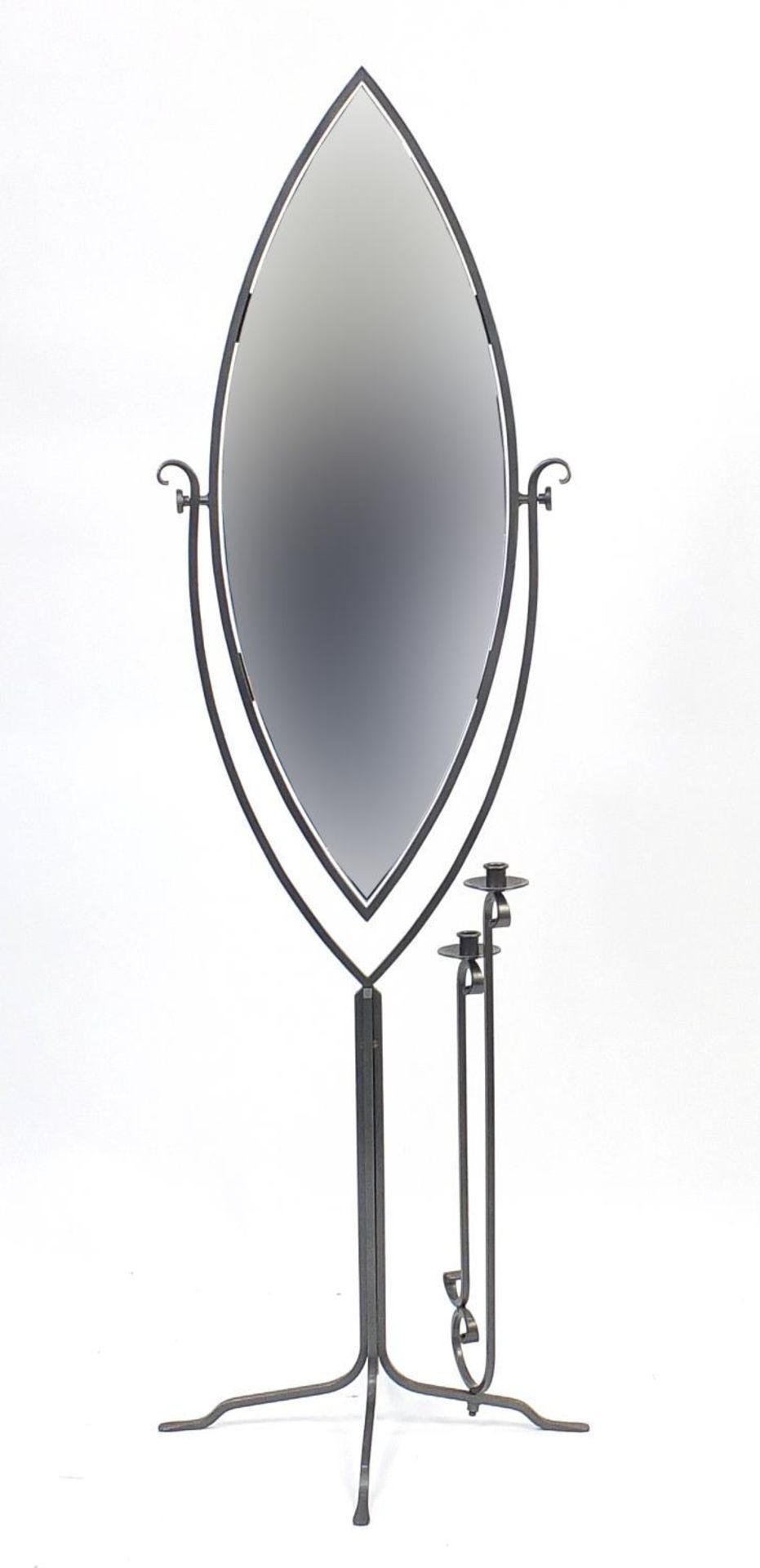 Wrought iron cheval mirror with double candlestick, 173cm high