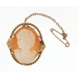 9ct gold mounted cameo maiden head brooch, 2.9cm high, 6.0g