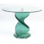Ravaya, contemporary glass dining table with spiral staircase design column, 74cm high x 104cm in