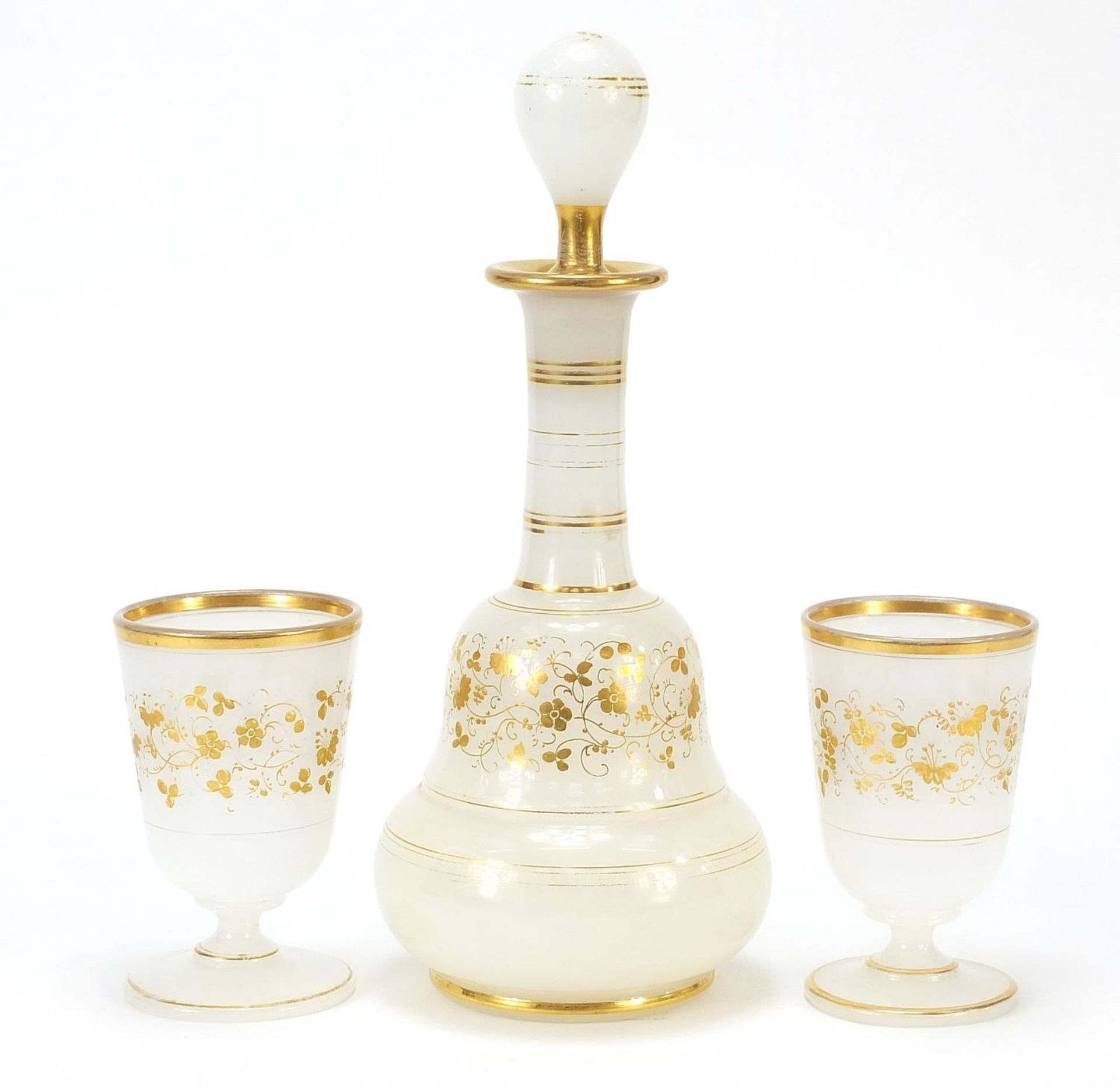 Antique French opaline glass dressing table set gilded with flowers comprising bottle and two - Image 2 of 5