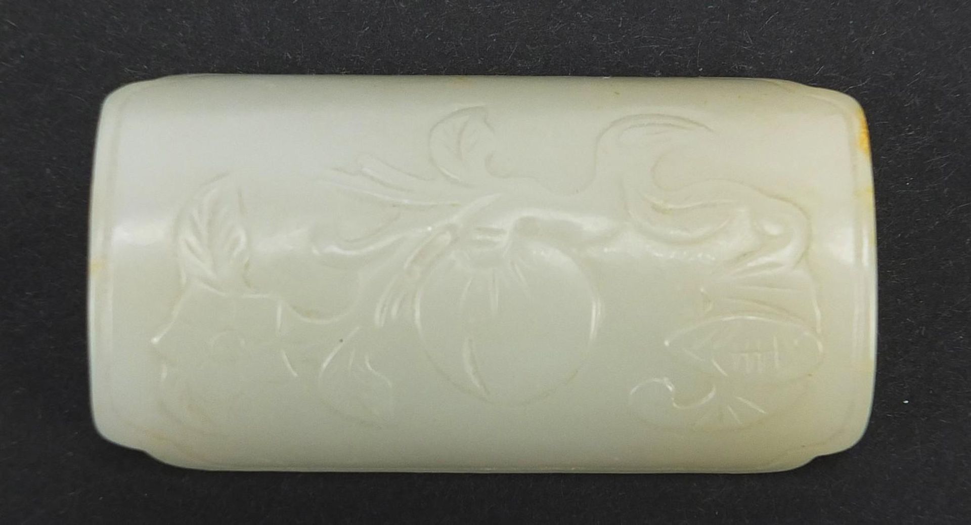 Chinese pale green jade scholar's wrist rest carved with a bat and peach, 6cm wide - Image 2 of 6