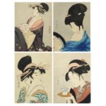 Geisha girls, set of four Japanese wood block prints with character marks, three mounted, each