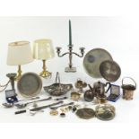 Metalware including silverplate, three branch candelabra and a pair of brass table lamps with shades